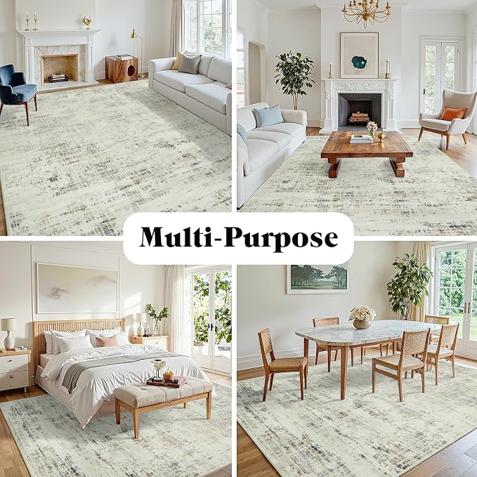 10x14 Washable Area Rug for Living Room Bedroom: Non-Slip Modern Gray White | Machine Washable TPR Backing, Stain-Resistant Low Pile, Pet & Kid Friendly, Abstract Decor for Dining Room, Dorm, Home Office - Image 3