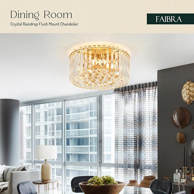 12.6" Gold K9 Crystal Raindrop Flush Mount Ceiling Light, Modern Chandelier, Round Luxury Light Fixture for Dining Room, Bedroom, Hallway, Kitchen Island & Living Room - Image 8