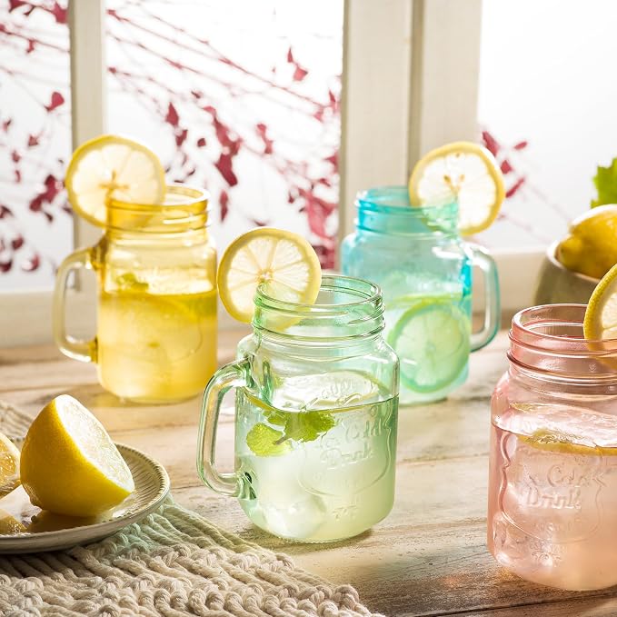 Glaver's Mason Jar Drinking Glasses Set Of 4, 15 oz. Colored Mugs With Embossed Ice-Cold Drinkware Logo, Glass Mason Jar Mug With Handle. For Smoothies, Cocktails, Beverages. Hand Wash - Image 2