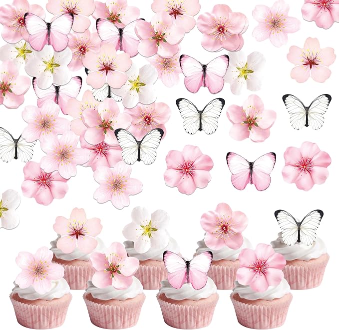 72 PCS Edible Cherry Blossoms Butterfly Cupcake Toppers Wafer Paper Flowers Cake Decorations Ideal for Baby Shower Kids Birthday Party Decorations Edible Flowers Cake Decorations for Celebrations - Image 6