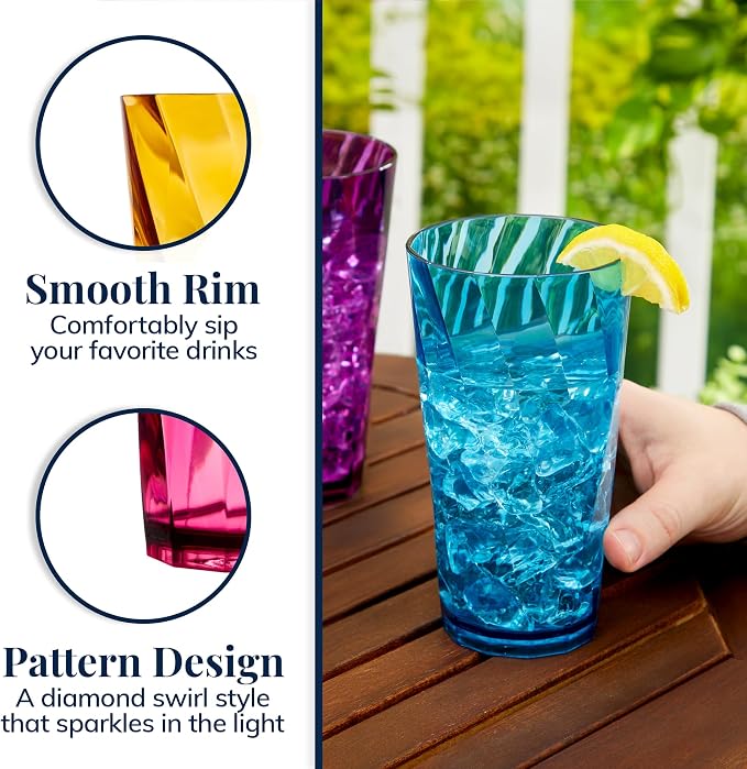 US Acrylic Optix Plastic Reusable Drinking Glasses (Set of 8) 20oz Water Cups in Jewel Tone Colors | BPA-Free Tumblers, Made in USA | Top-Rack Dishwasher Safe - Image 4