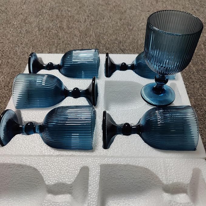 Taganov Blue Glasses Drinking Water Goblets set of 6 Big Vintage Glassware 13oz Colored Wine Glasses for Wedding Party Bar Vertical Line Embossed Pattern Stemmed Cups 400ml - Image 5