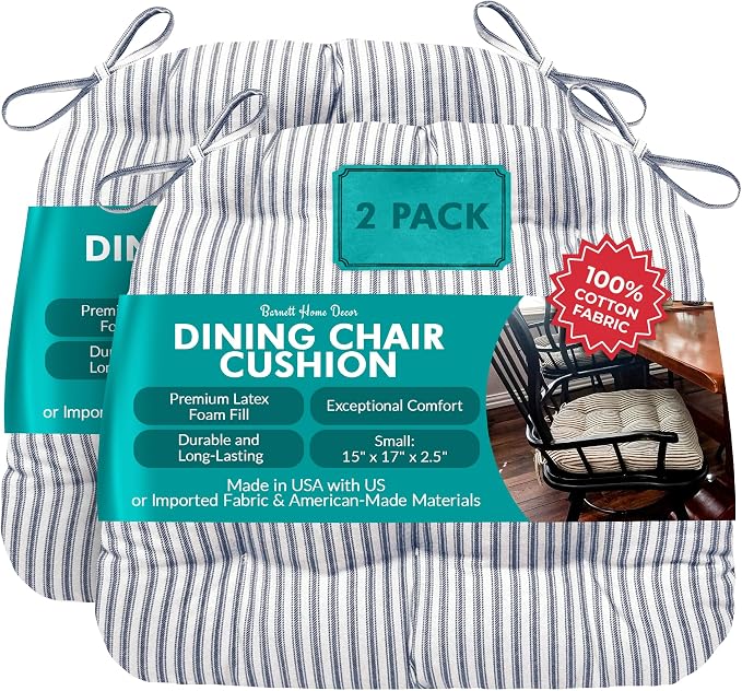 Barnett Home Decor Ticking Stripe Blue Dining Chair Pad with Ties - Pack of 2 Size 15 x 17 Chair Cushions - Latex Foam Fill - Machine Washable, Reversible, 100% Cotton, Made in USA (Navy) by BarnettHomeDecor