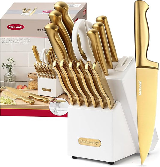 McCook Knife Set Gold Kitchen Knife Block Set w Built-in Sharpener | German Forged Stainless Steel,15 PC,Razor Sharp,Anti-Rust, Ergonomic Handles,Full Tang,Elegant Gold, Gift Box by McCook