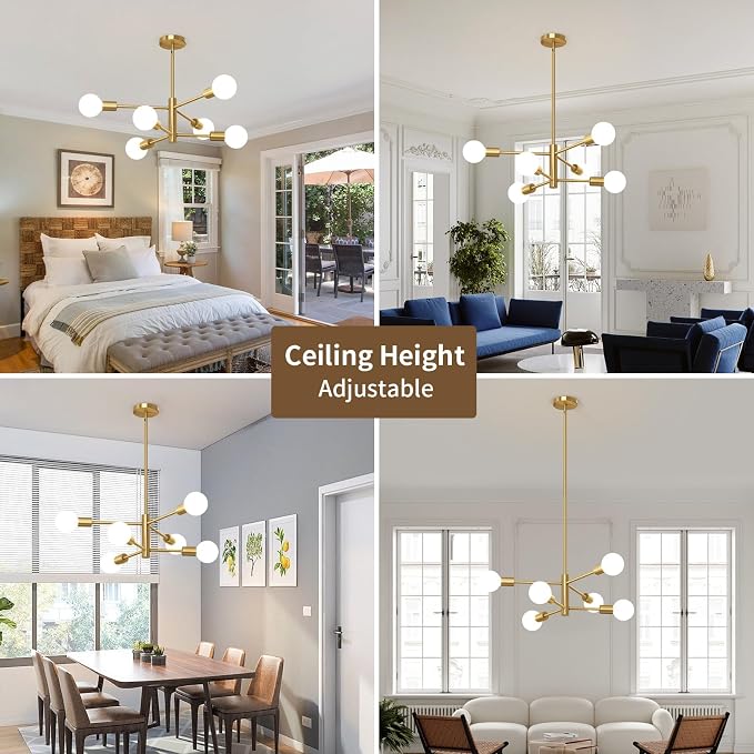 Sputnik Chandeliers Moderna Light Fixture, 6 Lights Gold Mid Century Ceiling Chandelier, Height Adjustable for Living Room, Kitchen, Dining Room, Bedroom,Foyer - Image 3