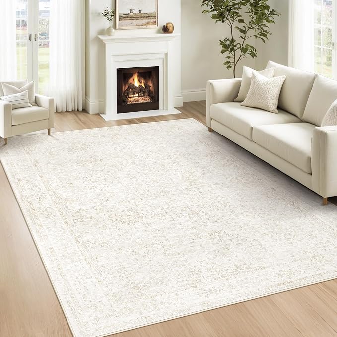 Bedroom Rug Washable Large Area Rugs Foldable Low Pile Print Non Slip Boho Patterned Rugs for Bedroom Living Room Dining Home Office (Floral Beige, 5'x7') by LOSBULAKE