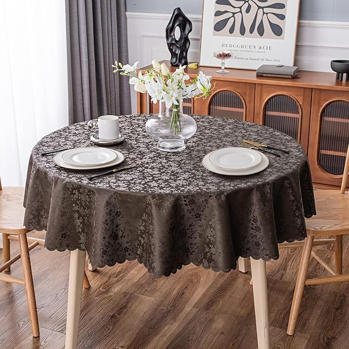Smiry Round Waterproof Heavy Duty Vinyl Tablecloths, 60 x 60 Inch | Wipeable Washable Floral Embossed Table Cover for Kitchen and Dining Room, Indoor & Outdoor Use, Coffee - Image 6