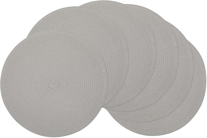 SHACOS Round Braided Placemats Set of 6 Thick Fabric Circle Grey Place Mats Woven Table Mats for Dining Tables 15 inch (Gray, 6) by SHACOS
