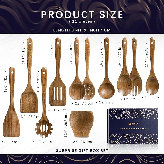 Wooden Spoons for Cooking, 11-Piece Acacia Wood Utensil Gift Set | Spoons and spatulas stir, mix, flip and serve; gift-ready box makes it ideal for housewarmings, weddings and new kitchens. - Image 2