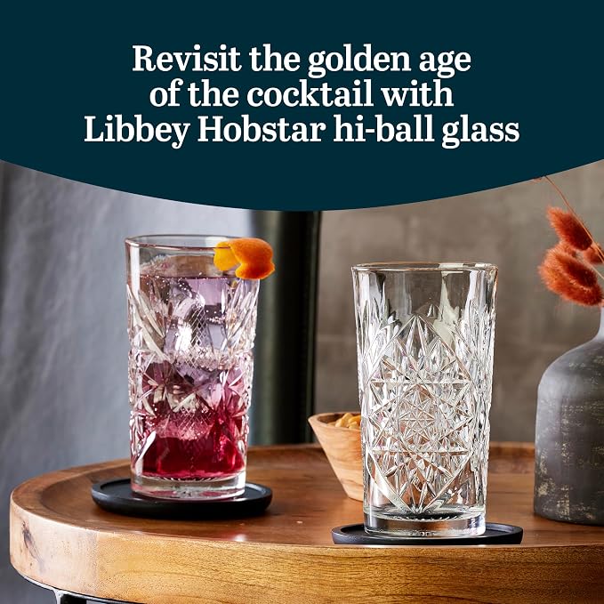 Libbey Hobstar Cooler Glasses, Cut Glass Drinking Glasses Set of 4, Hi-Ball Textured Drinking Glasses, 16 oz Cocktail Glass Set for Soda, Mixed Drinks - Image 2