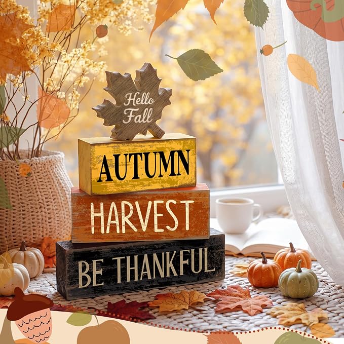Moucuny 4 Pcs Fall Decor Wooden Maple Leaf Decoration Thanksgiving Tiered Tray Decor Rustic Wooden Maple Leaf Block Sign Thanksgiving Table Centerpiece Farmhouse for Autumn Harvest Party Kitchen Home - Image 6