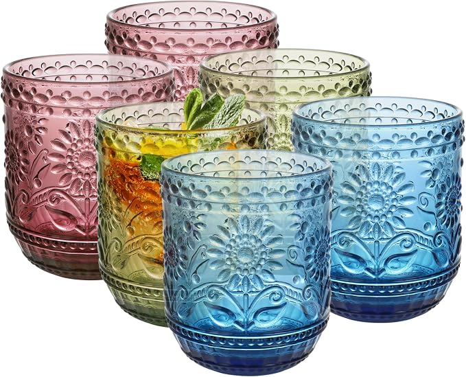 Topsky Vintage Colored Glassware Set of 6,12 oz Green Sunflower Drinking Glasses Set,Blue Drinkware Glasses for Wine,Cocktail,juice,Heavy Duty Glass Cups by HomeandKitchenNO1