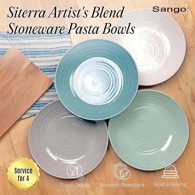 Sango Siterra Artist's Blend Stoneware Pasta Bowls (Set of 4) Multi Assorted Colors– Featuring Soft Gray, Blue, Green, and Ivory, for Everyday Dining & Entertainment, Microwave & Dishwasher Safe - Image 2