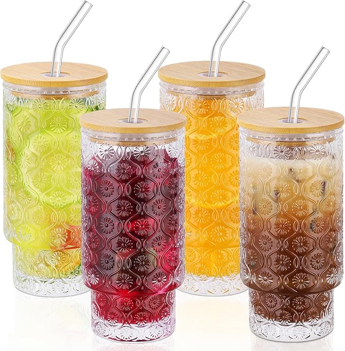 16 Oz Glass Cups Set of 4, Vintage Embossed Floral Glass Tumbler, Iced Coffee Cups with Lid, for Whiskey Cocktail Beer (4 PACK)