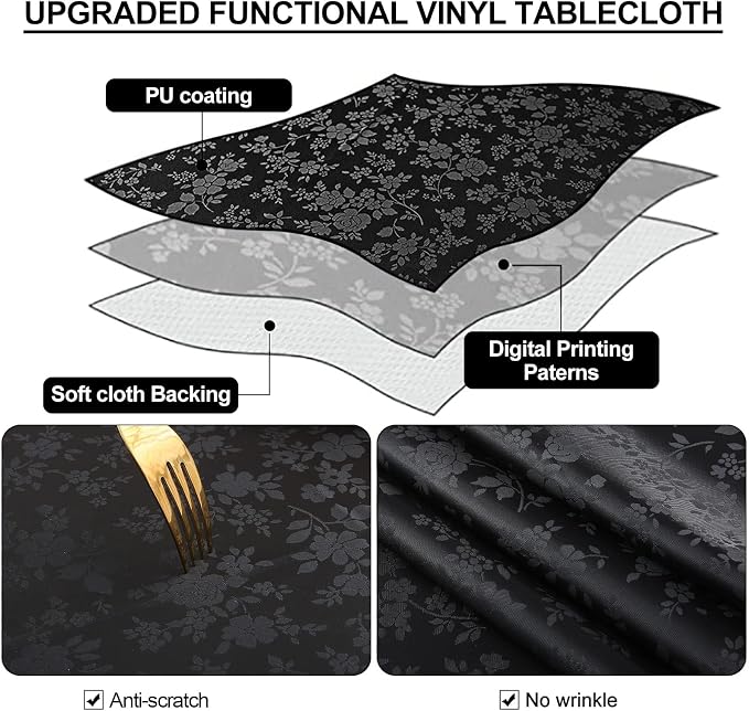 Smiry Rectangle Waterproof Heavy Duty Vinyl Tablecloths, 54 x 78 Inch | Wipeable Washable Floral Embossed Table Cover for Kitchen and Dining Room, Indoor & Outdoor Use, Black - Image 3