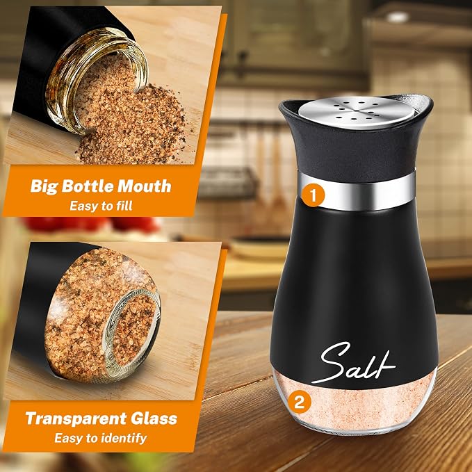 Salt and Pepper Shakers Set,4 oz Glass Bottom Salt Pepper Shaker with Stainless Steel Lid for Kitchen Gadgets Cooking Table, RV, Camp,BBQ Refillable Design (Black) - Image 3
