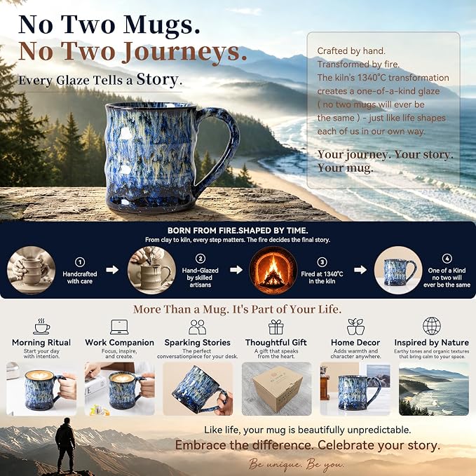 Unique Reactive Glaze Ceramic Coffee Mug - 15 oz Large Coffee Cup with Ergonomic Handle, Deep Sea Blue Ceramic Mug for Office & Home, Great Birthday Gift for Women, Men & Friends - Image 3