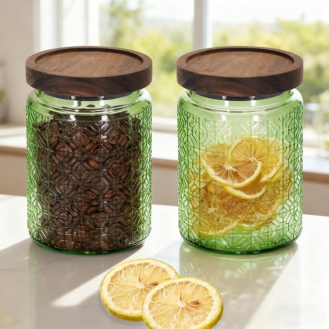 1Pc 24oz Window Style Vintage Glass Candy Jar with Solid Wood Lid, Kitchen Storage Canister for Sugar, Coffee, Tea, Cookies, Bath Salt - Decorative Mason Jar (1, Green, 24oz) - Image 4