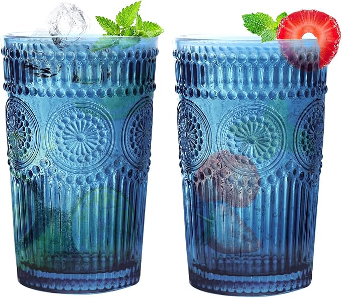 Loivttvv 6pcs Vintage Drinking Glasses Set, 12 oz Blue Highball Glasses, Embossed Ribbed Glassware Cups for Cocktail, Water, Juice, Coffee, Whiskey by Loivttvv