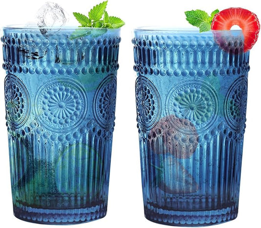 Loivttvv 6pcs Vintage Drinking Glasses Set, 12 oz Blue Highball Glasses, Embossed Ribbed Glassware Cups for Cocktail, Water, Juice, Coffee, Whiskey by Loivttvv