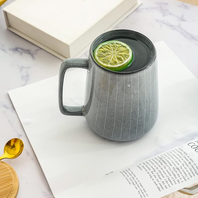 Large Ceramics Coffee Mugs,with Spoon and Wooden Lid,for Coffee,Tea,Cocoa,Large Handle Design,Microwave Dishwasher Safe (Gray Set) - Image 4