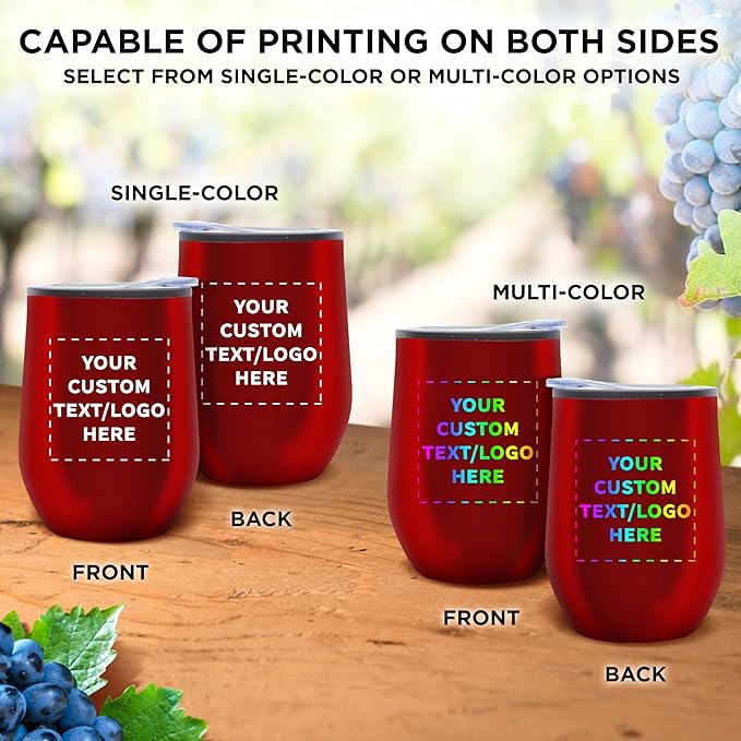 Custom Stemless Wine Tumblers 12 oz. Set of 12, Personalized Bulk Pack - Insulated, Perfect for Wine, Cocktails, Other Hot & Cold Beverages - Red