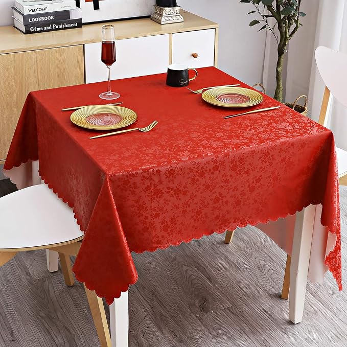 Smiry Square Waterproof Heavy Duty Vinyl Tablecloths, 54 x 54 Inch | Wipeable Washable Floral Embossed Table Cover for Kitchen and Dining Room, Indoor & Outdoor Use, Red - Image 2
