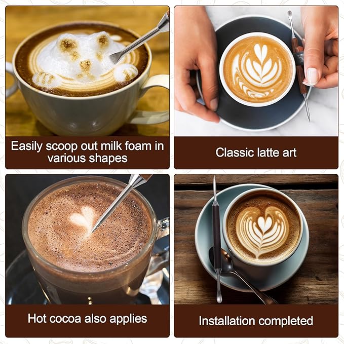 2 Pcs Double-Ended Latte Art Pen, Coffee Drawing Tool with Wood Handle, Latte Art Tools, Coffee Pen for Espresso Designs, Cafe and Home Use (2 Styles)
