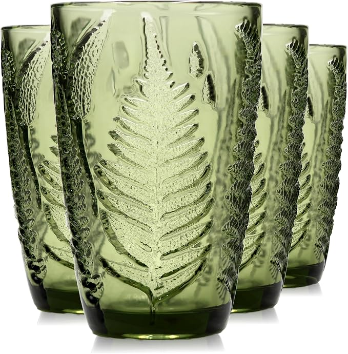 Green Drinking Glasses Set of 4, 12 oz Glass Cups, Vintage Fern Glassware | Hand-Pressed, Dishwasher Safe, Boho Leaf-Textured Drinkware, Embossed Highball Tumblers for Water, Retro Kitchen Gift by QELVIO