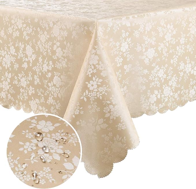 Smiry Rectangle Waterproof Heavy Duty Vinyl Tablecloths, 52 x 70 Inch | Wipeable Washable Floral Embossed Table Cover for Kitchen and Dining Room, Indoor & Outdoor Use, Beige by Smiry