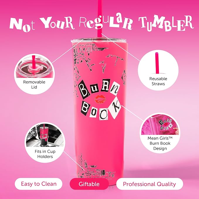 Dragon Glassware x Mean Girls Burn Book Tumbler with Straw & Lid, 24 oz | Vacuum Insulated Stainless Steel Tumbler with Straw & Lid; Double Walled Tumbler; Official Mean Girls Cup - Image 5