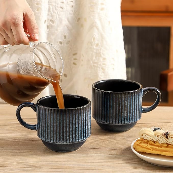 glowworm Coffee Mugs Set of 4, 15 Oz Stackable Coffee Mugs with Rack, Ceramic Cups for Home, Office, Housewarming & Engagement Gifts, Microwave & Dishwasher Safe, Navy Blue - Image 4
