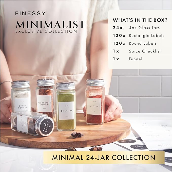 FINESSY Thick Glass Spice Jars With Airtight Lids And Labels 4oz 24 Pack | Empty Spice Containers with Metal Lids, Sift / Pour Shaker Inserts, Waterproof Labels (200 Pre-Printed, 40 Blank) And Funnel - Image 3
