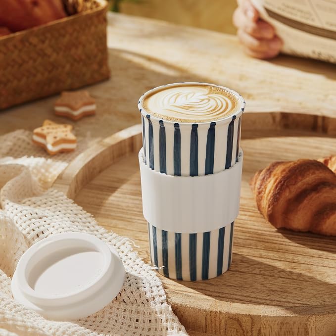 Ceramic Travel Mug with Lid (12 oz) – Cute Aesthetic Coffee Cup for Women & Men, Microwave & Dishwasher Safe, Spill-Resistant To Go Tumbler, Fits Car Cup Holder (Blue) - Image 5