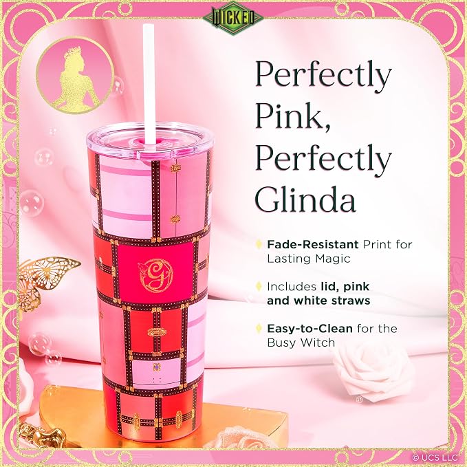 Dragon Glassware x Wicked Stainless Steel Tumbler with Straw, 24oz - Glinda | Vacuum Insulated Wicked Cup with Lid & Straw For Water & Iced Tea; Official Wicked Merch - Image 4