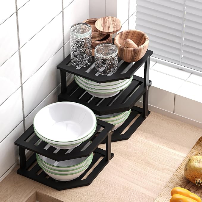 VERTORGAN 2 Tier Bamboo Corner Shelf 3 Pack Plate Organizer Kitchen(Black) | Pantry Storage,Dish Rack,Spice Rack,Corner Organizer,Kitchen Counter Shelves,Kitchen Storage,Holds Plates - Image 5