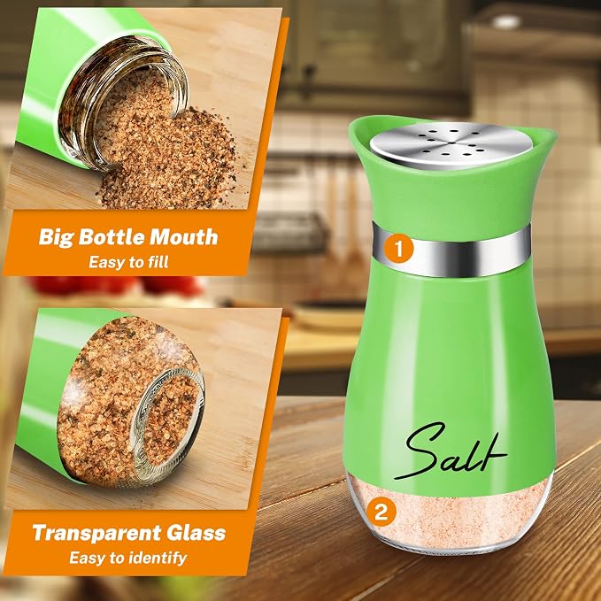 Salt and Pepper Shakers - 4 oz Green Glass Set with Stainless Steel Lids | Refillable Glass Shakers with Stainless Steel Lids Suit Cooking, Dining, RV Trips, Camping and BBQs; 4 oz Capacity Each. - Image 3