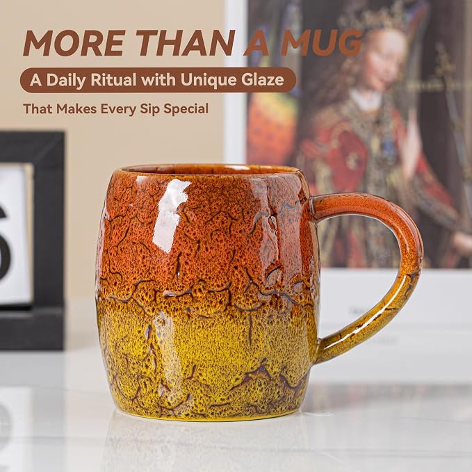 Handmade 22oz Ceramic Coffee Mug, Ergonomic Large Handle, Ideal Gift for Coffee Lovers, Microwave & Dishwasher Safe (Bas-Relief - Orange&Yellow) - Image 6