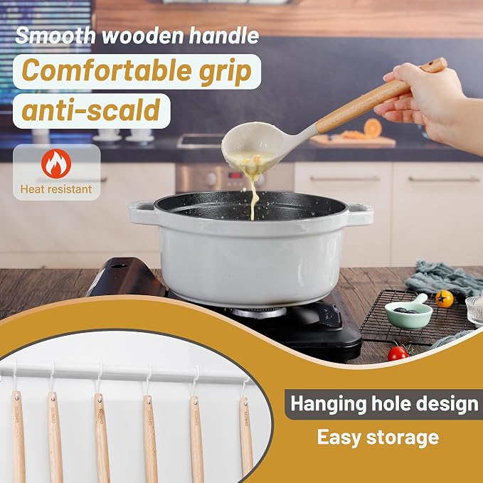 QMVESS Silicone Kitchen Utensils Set, 35 Pcs Non-Stick Cooking Utensils Set, Sturdy Insulation Wooden Handle Kitchen Accessories for Cooking with Spatula Set and Spoons Set Gadgets (Khaki) - Image 4