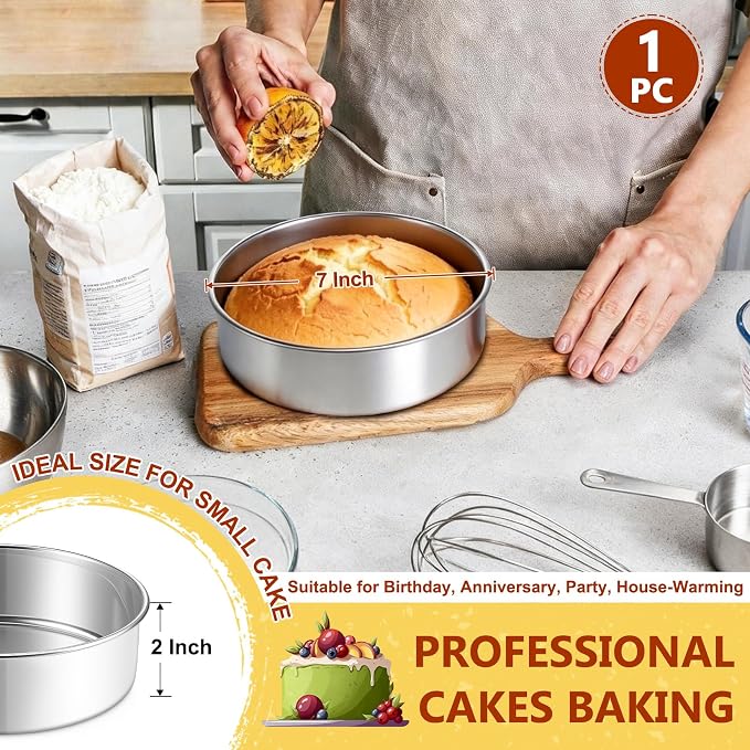 P&P CHEF 7 Inch Cake Pan Set of 1, Stainless Steel Round Cake Baking Pan | Layer Cake Tin Bakeware for Cooking Steaming, Ideal for Birthday Wedding Anniversary, Fit for Home & Commercial Use - Image 2