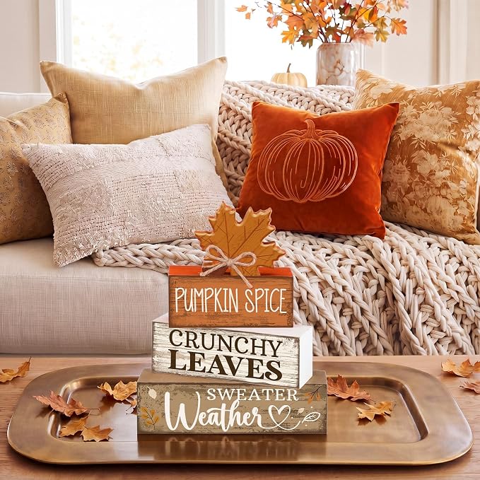 Moucuny 4 Pcs Fall Decor Wooden Maple Leaf Decoration Thanksgiving Tiered Tray Decor Rustic Wooden Maple Leaf Block Sign Thanksgiving Table Centerpiece Farmhouse for Autumn Harvest Party Kitchen Home - Image 7