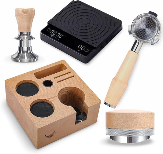 54mm Breville Tamper Kit Maple Bottomless Portafilter, Self Leveling Spring Loaded Tamper, Distributor, Beechwood Tamping Station & Smart Coffee Scale