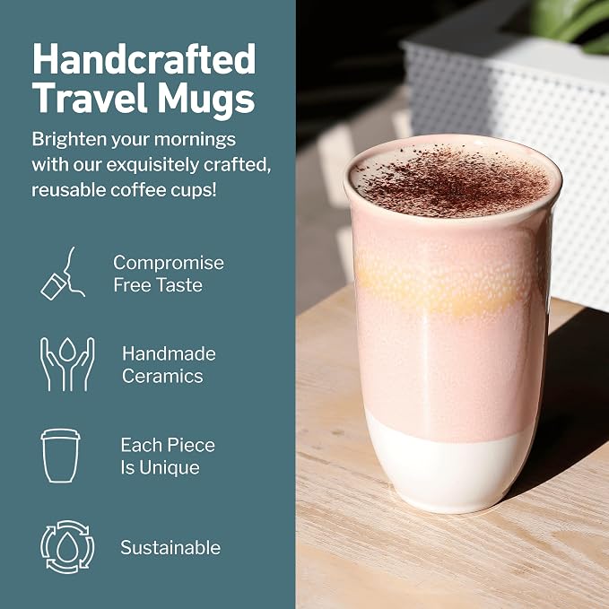 NOVA CERAMICS Travel Mug On the Go Coffee Mug Microwave & Dishwasher Safe Green Tumbler - Gifts For Women Men 16oz Afterglow - Image 2