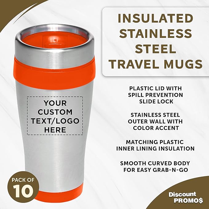 Custom Insulated Stainless Steel Travel Mugs 16 oz. Set of 10, Personalized Bulk Pack - Perfect for Coffee, Soda, Other Hot & Cold Beverages - Orange