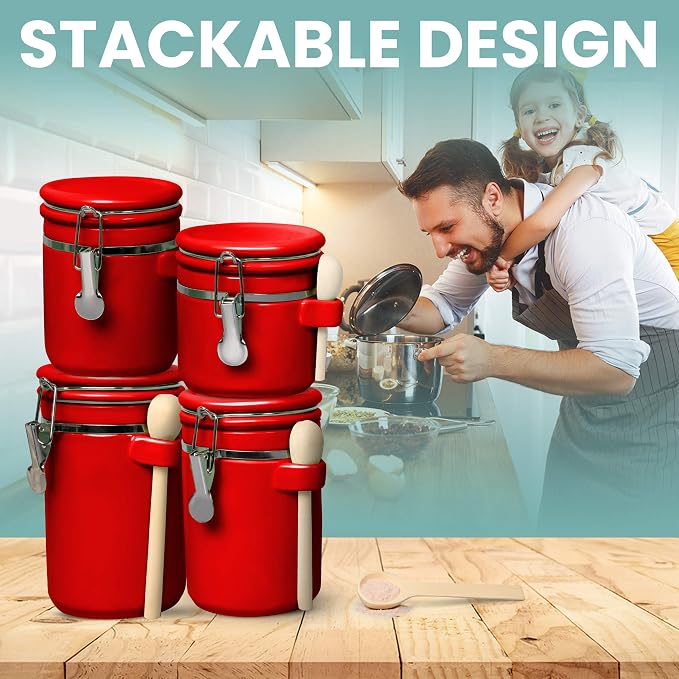Home Intuition Smell Proof 4-Piece Ceramic Kitchen Canisters Set, Airtight Containers with Wooden Spoons Reusable Chalk Labels and Marker for Sugar, Coffee, Flour, Tea (Red) - Image 7