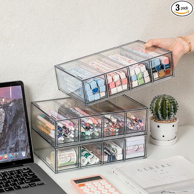 3-Pack Stackable Acrylic Storage Drawers, Desk Organizer Transparent Cosmetic Storage Boxes, 4 Compartment Design Suitable for Stationery, Dressing Table, Sunglasses, Jewelry Storage Organization