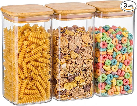 3-Pack 1.6Qt Square Glass Storage Jars with Bamboo Lids | Minimalist Kitchen Organizer,Pantry Storage Container,Food Storage Container,Scandinavian Style Storage,Nordic Style Storage by Unknown