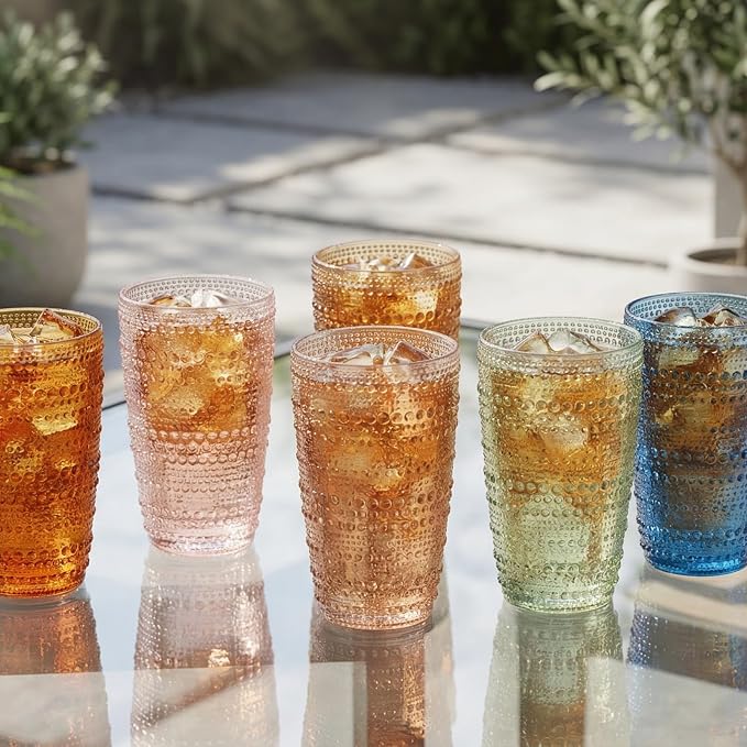 Khen Beaded Highball Tumbler Drinking Glasses Set | Set of 6 | Vintage Hobnail Bubble Design Whiskey Glassware, Old-Fashioned, Art Deco Glass for Water, Wine, Cocktail Dishwasher Safe (14.6 OZ) - Image 7