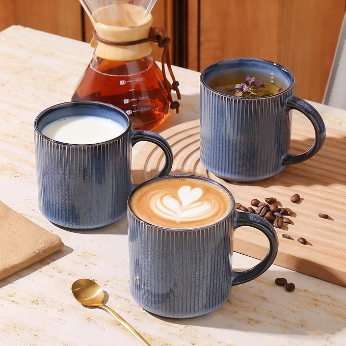 MONITO 16Oz Coffee Mugs Set of 6, Rustic Ceramic Coffee Cups Set with Large Handle, Vintage Striped Stoneware Coffee Mugs for Latte, Cocoa, Tea, Milk, Microwave & Dishwasher Safe, Deep Blue - Image 7