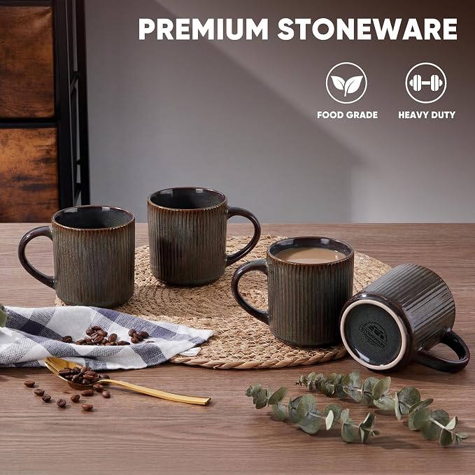 E-far Coffee Mugs Set of 4, 12 oz Stoneware Coffee Cups with Handle for Latte, Tea, Cocoa, Milk, Modern Ribbed Ceramic Mugs for Man Woman, Microwave & Dishwasher Safe, Blackish Green - Image 3
